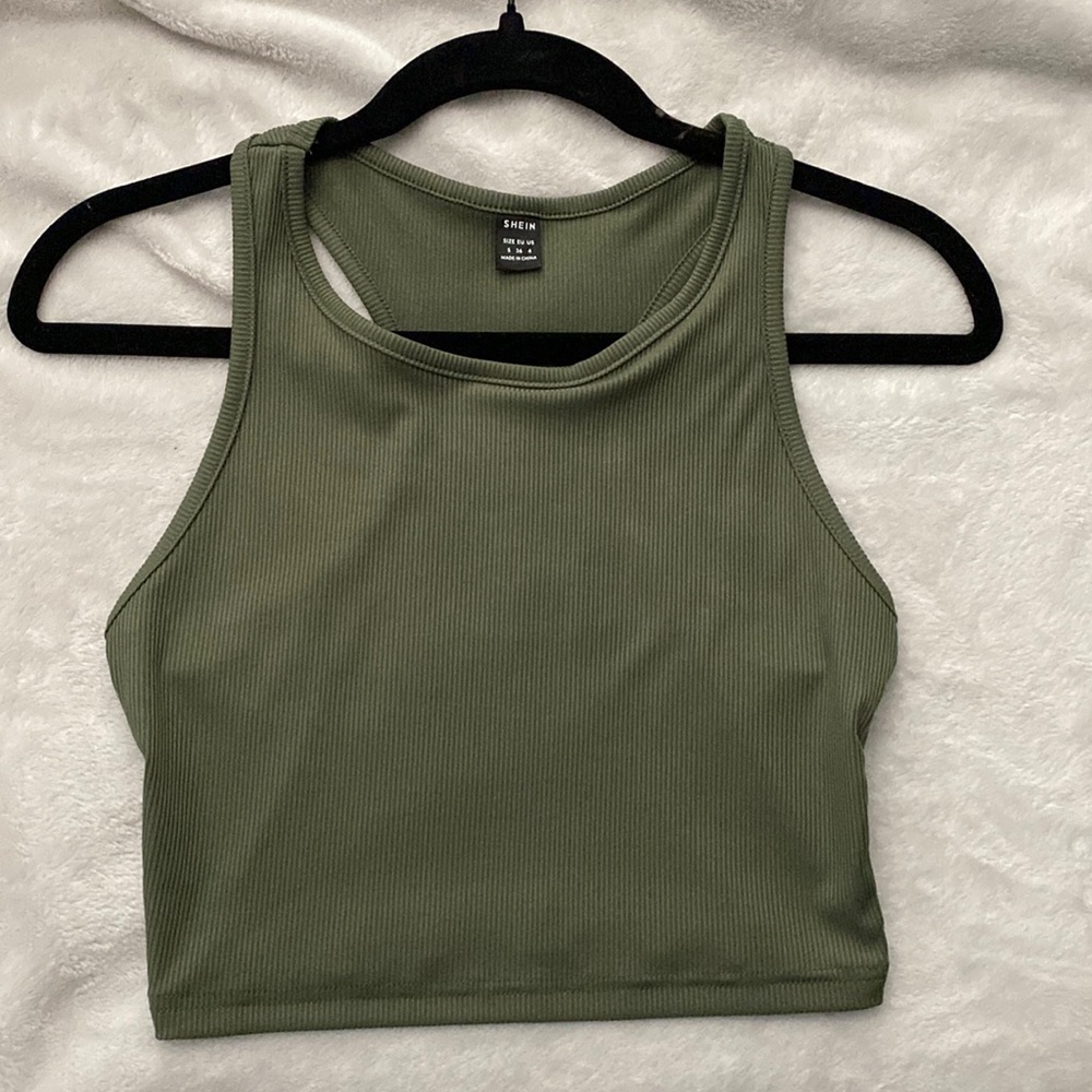 army green rib-knit cropped tank top